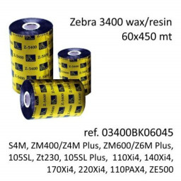 (6) Ribbon transfer.térmica ZEBRA 3400: wax/resin 60mm x 450m.(cera/resina) Industrial printers 25mm