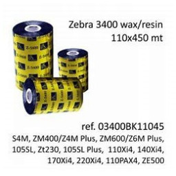 (6) Ribbon transfer.térmica ZEBRA 3400: wax/resin 110mm x450m.(cera/resina) Industrial printers 25mm
