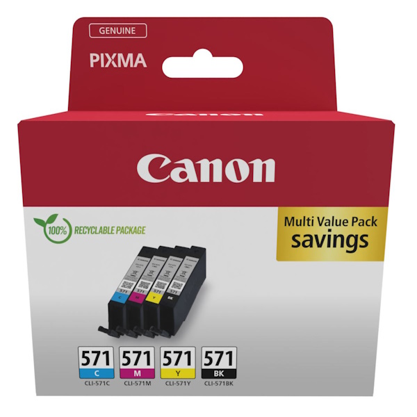 (4) C.t. CANON CLI571: CMYK MULTI ECOPACK SEC MULTIPACK 4-COL cartón con alarma