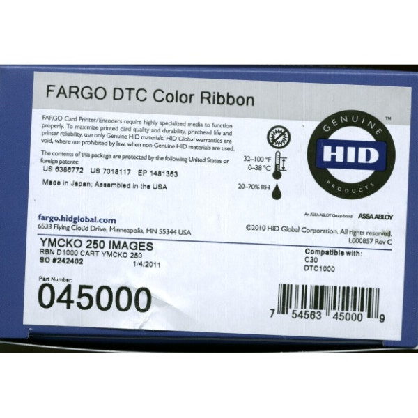 Cinta HID FARGO DTC1000 DTC1250 Full Color Ribbon (YMCKO) 250p. + rodillo de limpieza