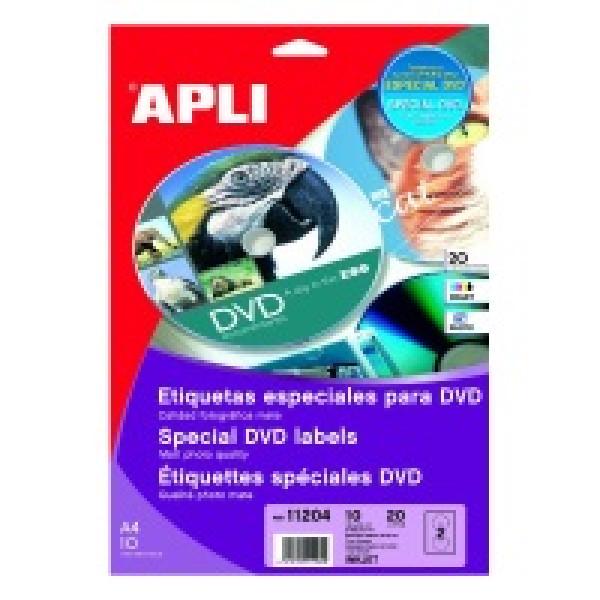 Etiq.APLI DVD 10A4 blanco mate ** 20u. poliést.fotog.alta temper