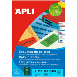 Etiquetas APLI 70x37mm de color verde 100A4 2400et. (24etiqueta/hoja) polivalente inkjet/laser