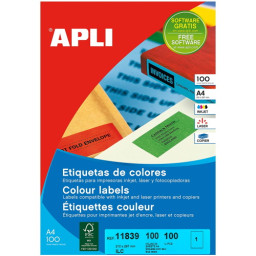 Etiquetas APLI 210x297mm de color azul 100A4 100et. (1etiqueta/hoja) polivalente inkjet/laser