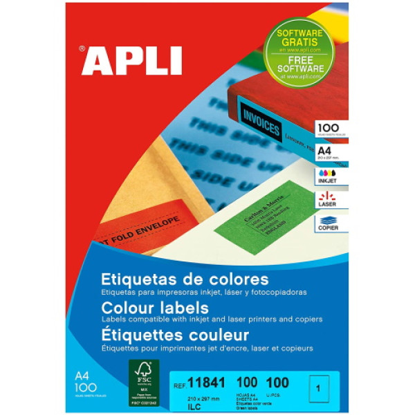 Etiquetas APLI 210x297mm de color verde 100A4 100et. (1etiqueta/hoja) polivalente inkjet/laser