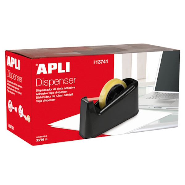 Dispensador APLI de cinta adhesiva 33/66mm negro, con cuchilla de corte metálica Dispensador APLI de cinta adhesiva 33/66mm negro, con cuchilla de corte metálica