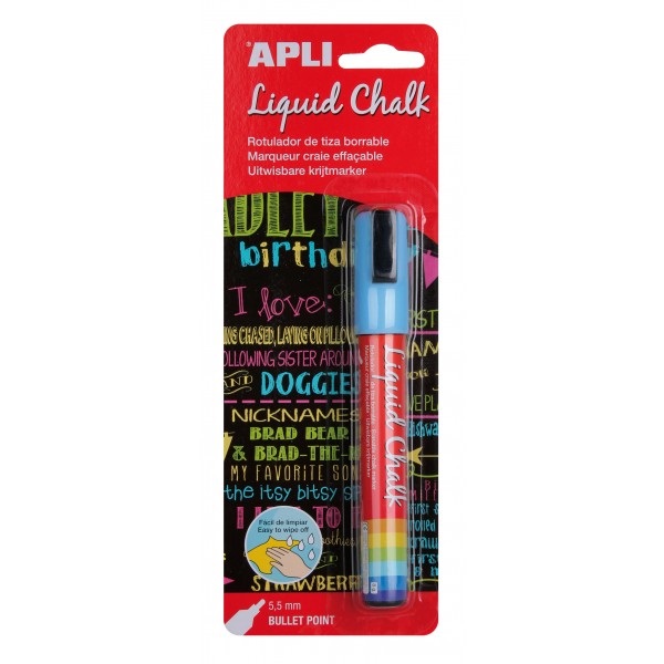 (1) Liquid Chalk APLI punta redonda 5,5mm azul rotulador de tiza líquida, fácil de borrar