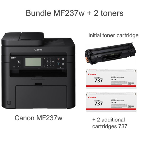 Multifunción CANON láser mono i-SENSYS MF237w bundle con cart.inicial + 2 cart.adicionales 737