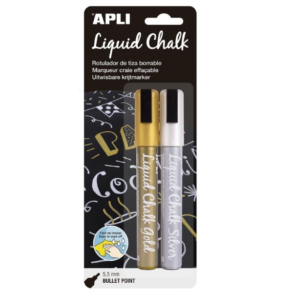 (2) Liquid Chalk APLI punta cuadrada 15mm oro/plat rotulador de tiza líquida (colores oro y plata)