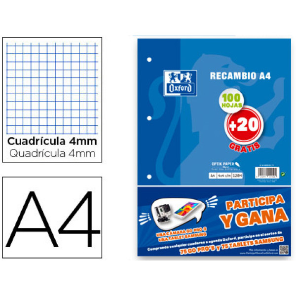 Recambio OXFORD DIN A4 Cuadricula 4mm 4 taladros 90gr.  100h. con márgen + 20 gratis