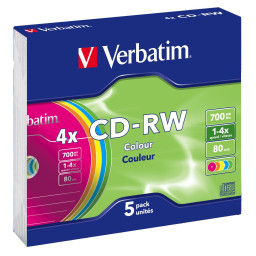 (5) Pack CD-RW VERBATIM Datalife Plus Slim 4x ** Colours 700MB, 80m.