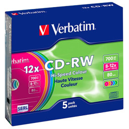 (5) Pack CD-RW VERBATIM Datalife Plus Slim 12x Hi-Speed Colours 700MB, 80m.
