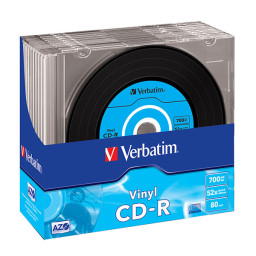 (10) Pack CD-R VERBATIM Vinyl Super AZO Slim 52x (aspecto disco Vinilo) 700MB, 80m.