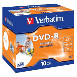 (10) Pack DVD-R VERBATIM Advanced AZO Jewel case Wide Printable ID (21-118mm) 16x 4,7GB 120m.