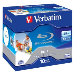 (10) BD-R SL VERBATIM Single Layer 25GB 6x Blu-ray Disc Wide Printable inkjet jewel case