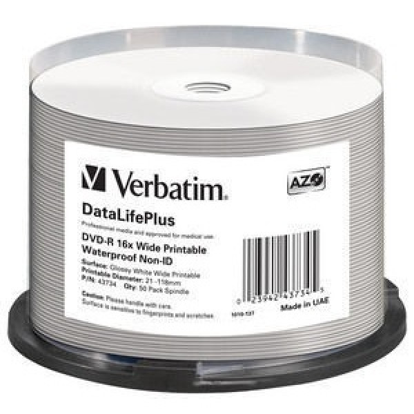 (T50) Spindle DVD-R VERBATIM DataLifePlus 16x 4,7GB Wide Printable Waterproof No-ID