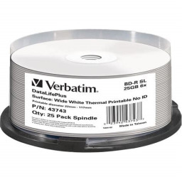 (T25) BD-R SL VERBATIM Single Layer 25GB 6x Blu-ray Disc Wide Printable Thermal No-ID Spindle