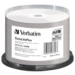 (T50) CD-R VERBATIM Datalife Plus 700 Mb Tarrina Printable Thermal AZO Medical use No-ID