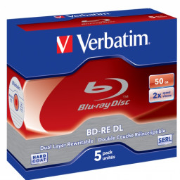 (5) BD-RE DL VERBATIM Rewritable 50GB 2x Blu-ray Disc White Blue Surface jewel case