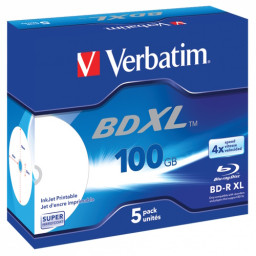 (5) BD-R XL VERBATIM Dual Layer 100GB 4x Blu-ray Disc Wide Printable inkjet jewel case
