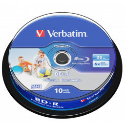 (T10) BD-R VERBATIM DataLife 25GB 6x Blu-ray Disc Wide Inkjet Printable no-ID spindle