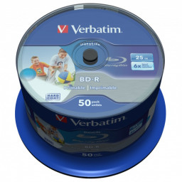 (T50) BD-R VERBATIM DataLife 25GB 6x Blu-ray Disc Wide Inkjet Printable no-ID spindle