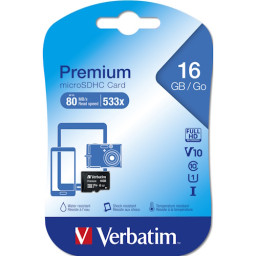 VERBATIM Premium MicroSDHC 16GB Clase 10 U1 (solo MicroSD) Lect.80MB/s, Escr.10MB/s