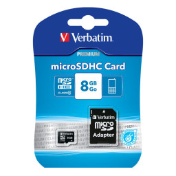 VERBATIM Premium MicroSDHC 8GB Clase 10 U1 + adapt.a SD, Lect.80MB/s, Escr.10MB/s *