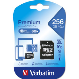 VERBATIM Premium MicroSDXC 256GB Clase 10 U1 + adaptador a SD, Lect.90MB/s, Escr.10MB/s