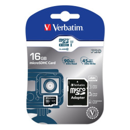 VERBATIM Pro MicroSDHC 16GB Clase 10 U3 UHS-I +adapt. a SD, Lect.90MB/s Escr.45MB/s *