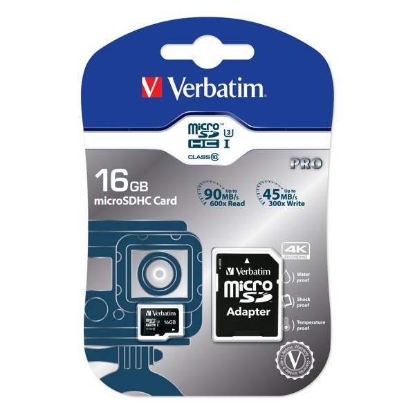 VERBATIM Pro MicroSDHC 16GB Clase 10 U3 UHS-I +adapt. a SD, Lect.90MB/s Escr.45MB/s *
