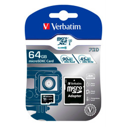 VERBATIM Pro MicroSDHC 64GB Clase 10 U3 UHS-I +adapt. a SD, Lect.90MB/s Escr.45MB/s
