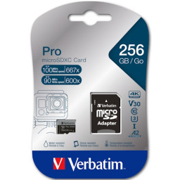 VERBATIM Pro MicroSDHC 256GB Clase 10 U3 UHS-I +adapt. a SD, Lect.100MB/s Escr.90MB/s