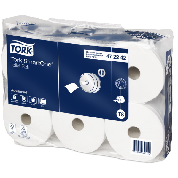 Papel higiénico industrial TORK SmartOne T8 System 2/capas, 13,4cm x 207m (pack de 6 rollos)