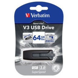 VERBATIM Store'n'Go V3 USB 3.0 Black/Grey 64GB Lect.60Mb/s, Escrit.12Mb/s - USB 3.2/3.0/2.0