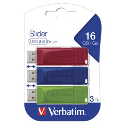 (3) VERBATIM Store'n'Go Slider USB 2.0 Black 16GB pack 3 colores rojo/azul/verde