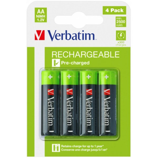 (4) Pilas VERBATIM Rechargeable AA HR6 1.2V NiMH 2500mAh (pack blister de 4un)