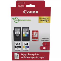 (2) C.t. CANON PG540L/CL541XL Photo Value Pack ECO +50h glossy photo paper cartón SEC con alarma