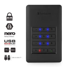 HDD VERBATIM Store´n´Go 1TB Secure Portable con teclado cifrado HW USB 3.1 USB-A/USB-C Black