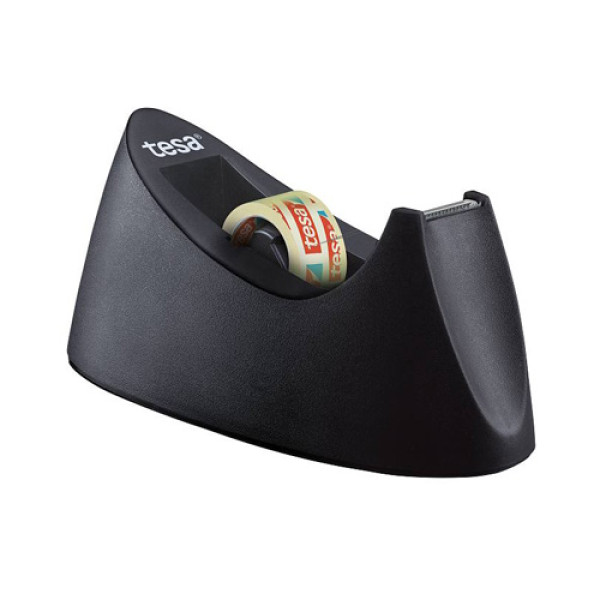 Portarrollo sobremesa TESA plástico easy cut curve negro para cintas 33mt x 19mm + 1 cinta tesafilm