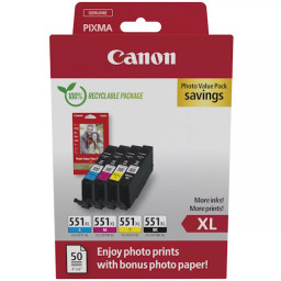 (4) C.t. CANON CLI551XL CMYK Photo Value Pack ECO + 50h.papel photo 10x15cm ECOPACK cartón