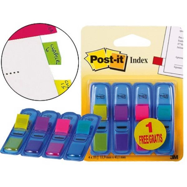 (4) Banderitas separadoras POST-IT  3+1 gratis ClipStrip 12x43mm 35h. por color