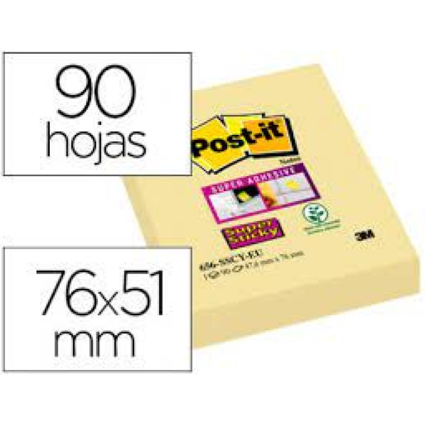 Bloc 90 notas superadhesivas POST-IT 48x76mm amarillo (656-SSCY-EU) Super Sticky + resistente