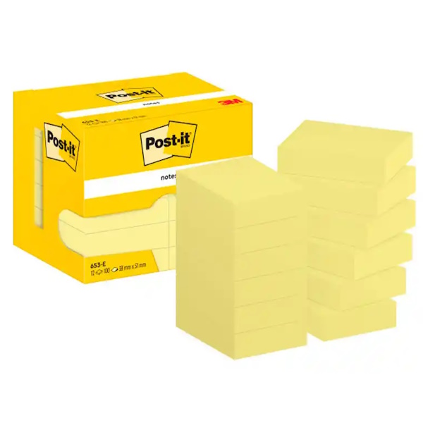(12) Blocs de 100 notas adhesivas POST-IT 38x51mm amarillas (653-E) (FT510058488)
