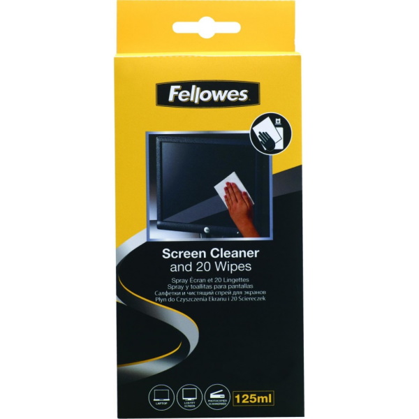 FELLOWES Kit spray limpiador 125ml + 20 toallitas limpiadoras pantalla