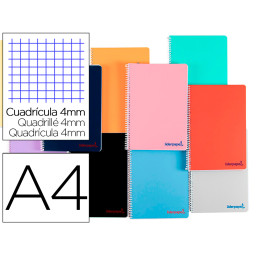 Cuaderno LIDERPAPEL espiral A4 tapa plástico 90gr. 80h 4mm, con margen. Colores surtidos