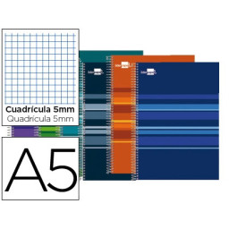 Cuaderno LIDERPAPEL espiral A5 micro jolly140h.75g 5mm, 5 bandas, 6 taladros, Colores Surtidos