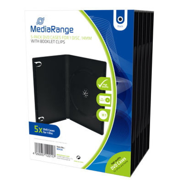 (5) Estuches MEDIARANGE 1 DVD caja vídeo plástico duro, ancho 14mm, black case