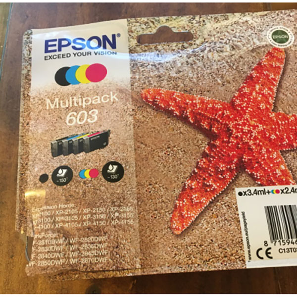 (4)C.t.EPSON #603 XP2100 XP3100 XP4100 WF2830 (estrella de mar) **blister dañado, sin abrir** (4)C.t.EPSON #603 XP2100 XP3100 XP4100 WF2830 (estrella de mar) **blister dañado, sin abrir**