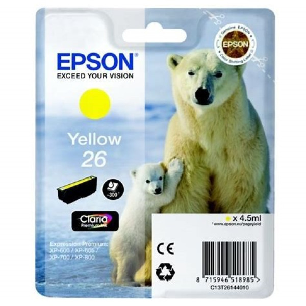 C.t.EPSON #26 XP600 XP605 XP610 XP705 XP805 amarillo 200p. (oso polar) **BLISTER ALARMA**