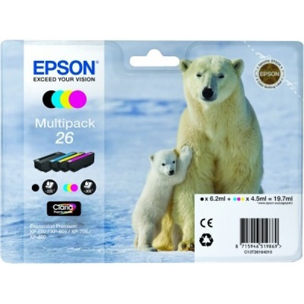(4) C.t.EPSON #26 XP600 XP605 XP610 XP705 XP805  (oso polar) PACK 4-COLORES - cad.use before 11/25